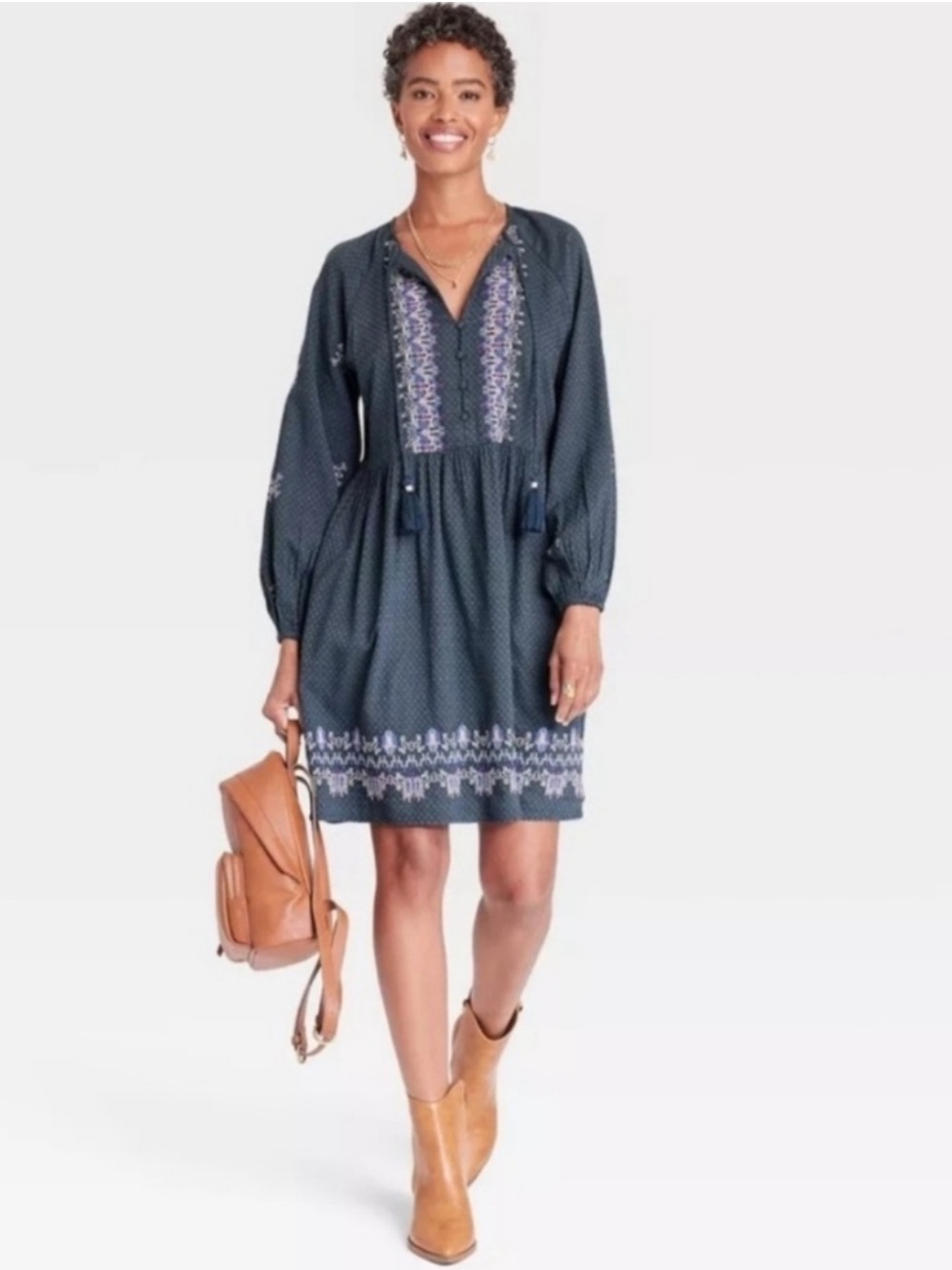 Embroidered J Gee embroidered, bohemian Navy Long-Sleeve V-Neck Dress